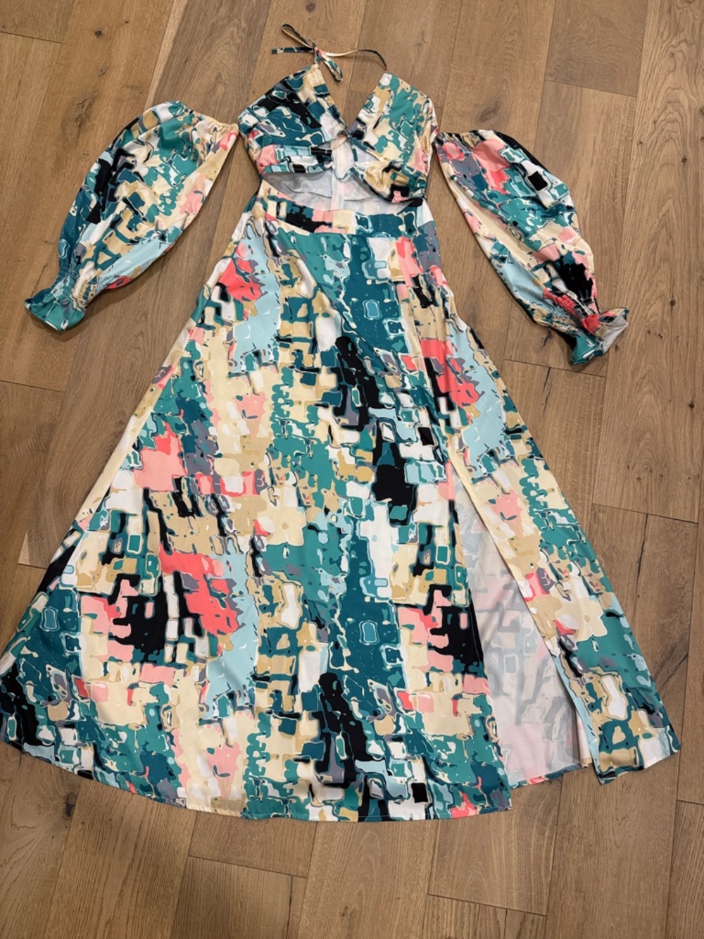 Abstract Print Cutout Maxi Dress in Teal, Coral & Cream